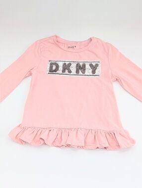 DKNY Girls' (Size 6) Long Sleeve Tee/Top w/Sequins Logo & Ruffled Hem